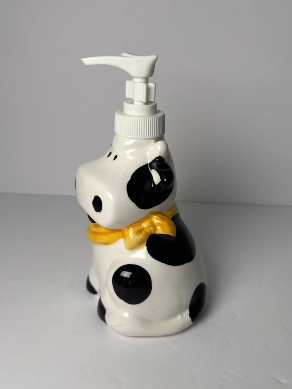 Cow Themed Ceramic Soap Dispenser Yellow Scarf Farmhouse Decor Black & White